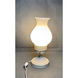 Vintage Lamp Milk Glass Boudoir Lamp Hobnail & Brass Electric Footed-WORKS